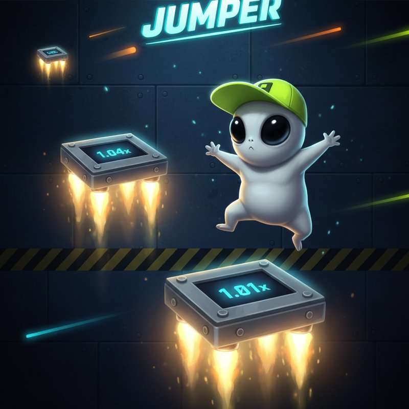 Jumper slot game - grijze alien karakter met groene pet springt tussen zwevende metalen platforms met raketmotoren in futuristische ruimteomgeving, multipliers 1.04x en 1.01x zichtbaar op displays